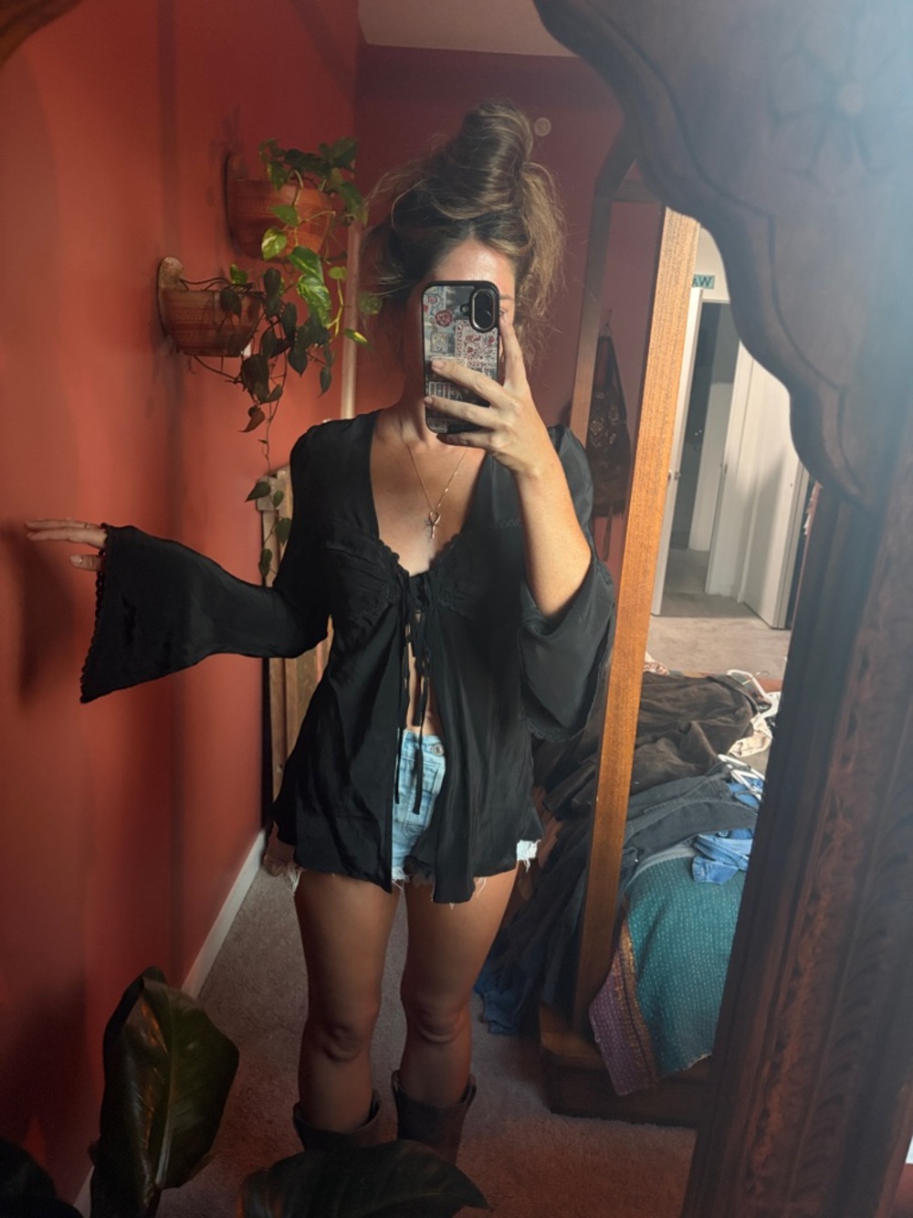 Free People Black Tie-Front Boho Tunic